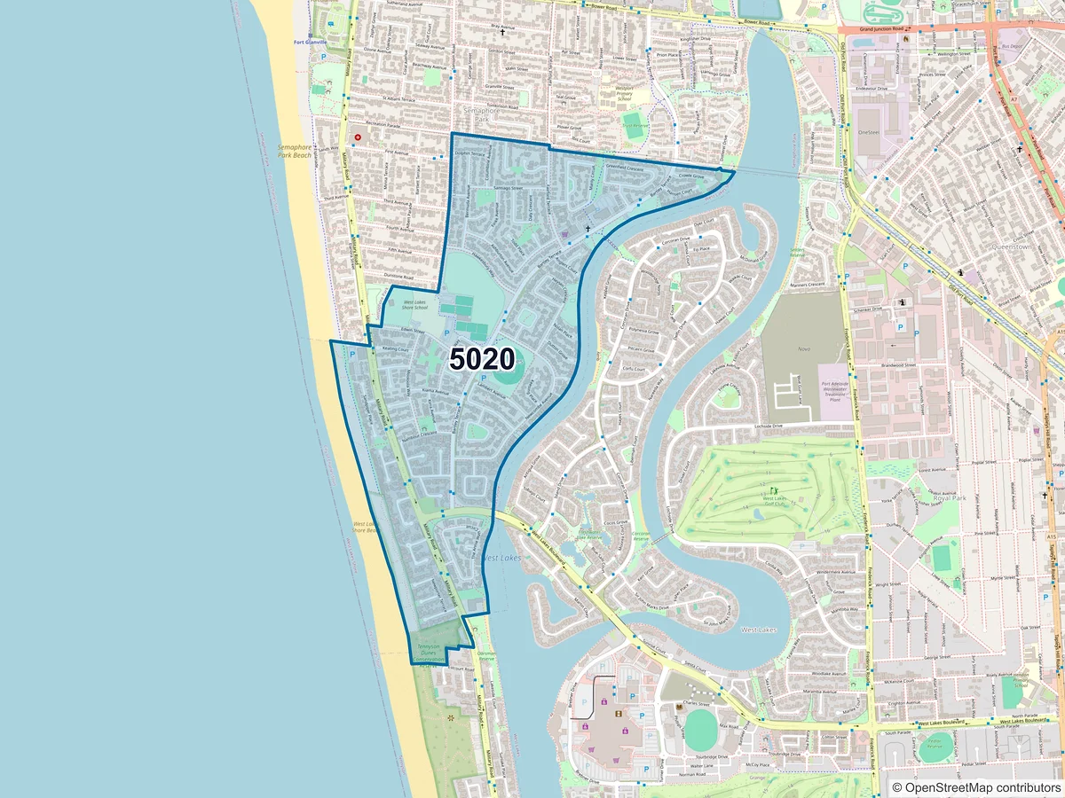 Map of postcode 5020 — West Lakes Shore, SA, Australia