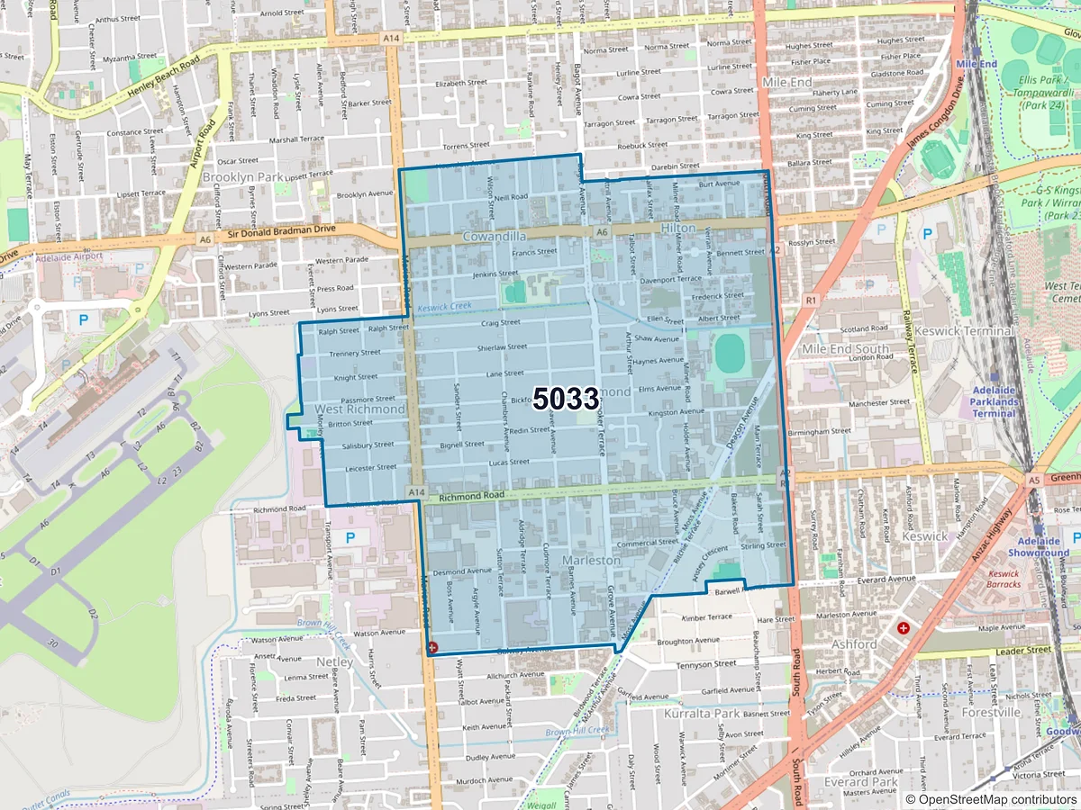 Map of postcode 5033 — Richmond, SA, Australia