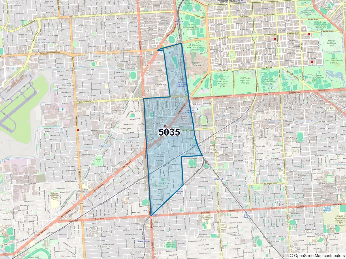 Map of postcode 5035 — Black Forest, SA, Australia