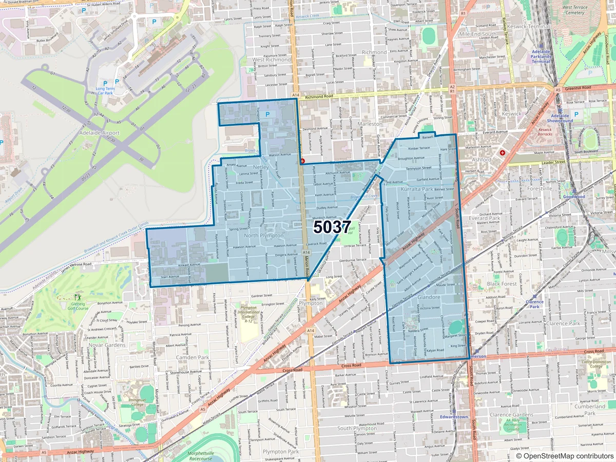Map of postcode 5037 — North Plympton, SA, Australia