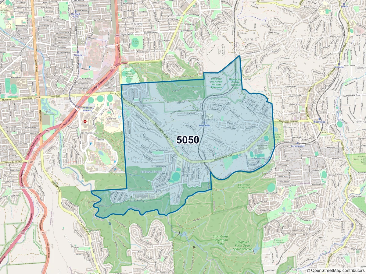 Map of postcode 5050 — Eden Hills, SA, Australia