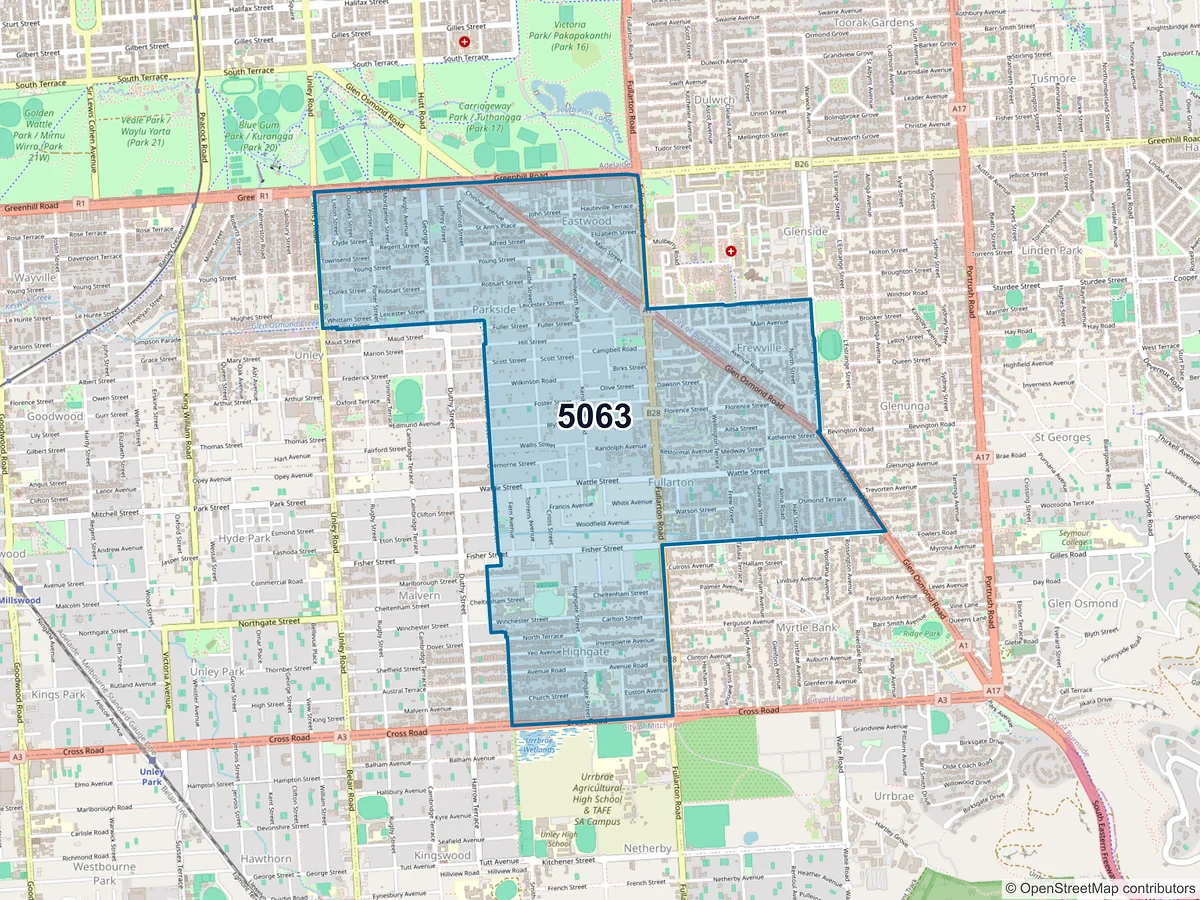 Map of postcode 5063 — Parkside, SA, Australia
