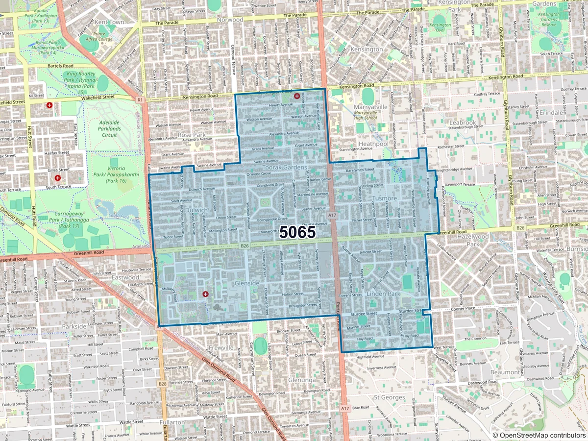 Map of postcode 5065 — Glenside, SA, Australia