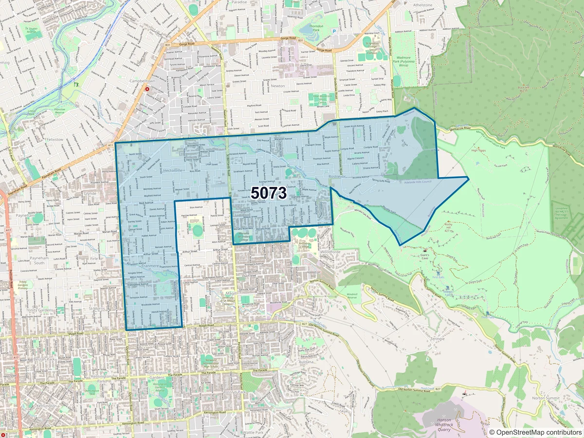 Map of postcode 5073 — Rostrevor, SA, Australia