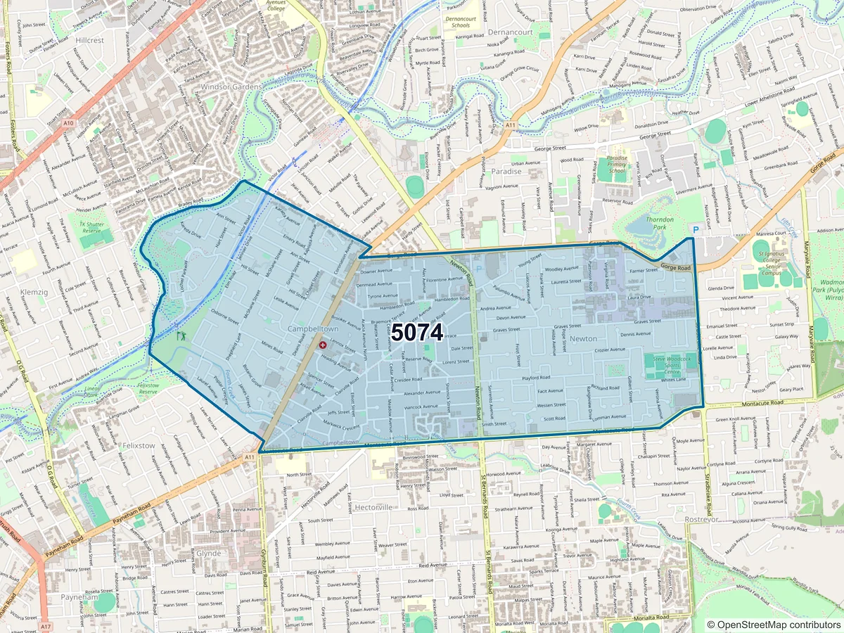 Map of postcode 5074 — Campbelltown, SA, Australia