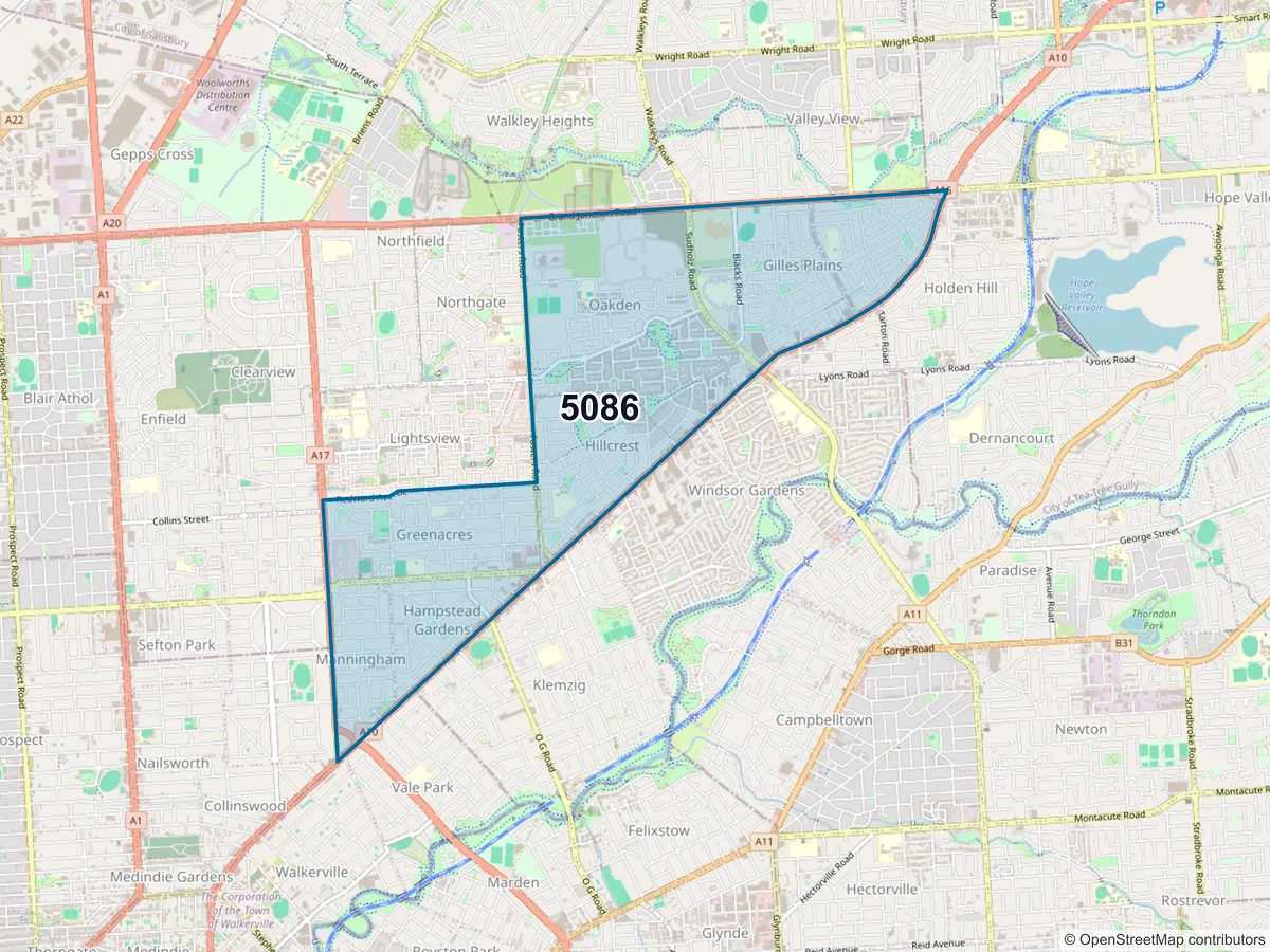 Map of postcode 5086 — Gilles Plains, SA, Australia