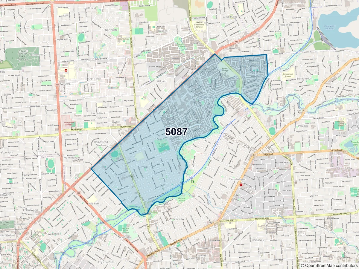 Map of postcode 5087 — Klemzig, SA, Australia