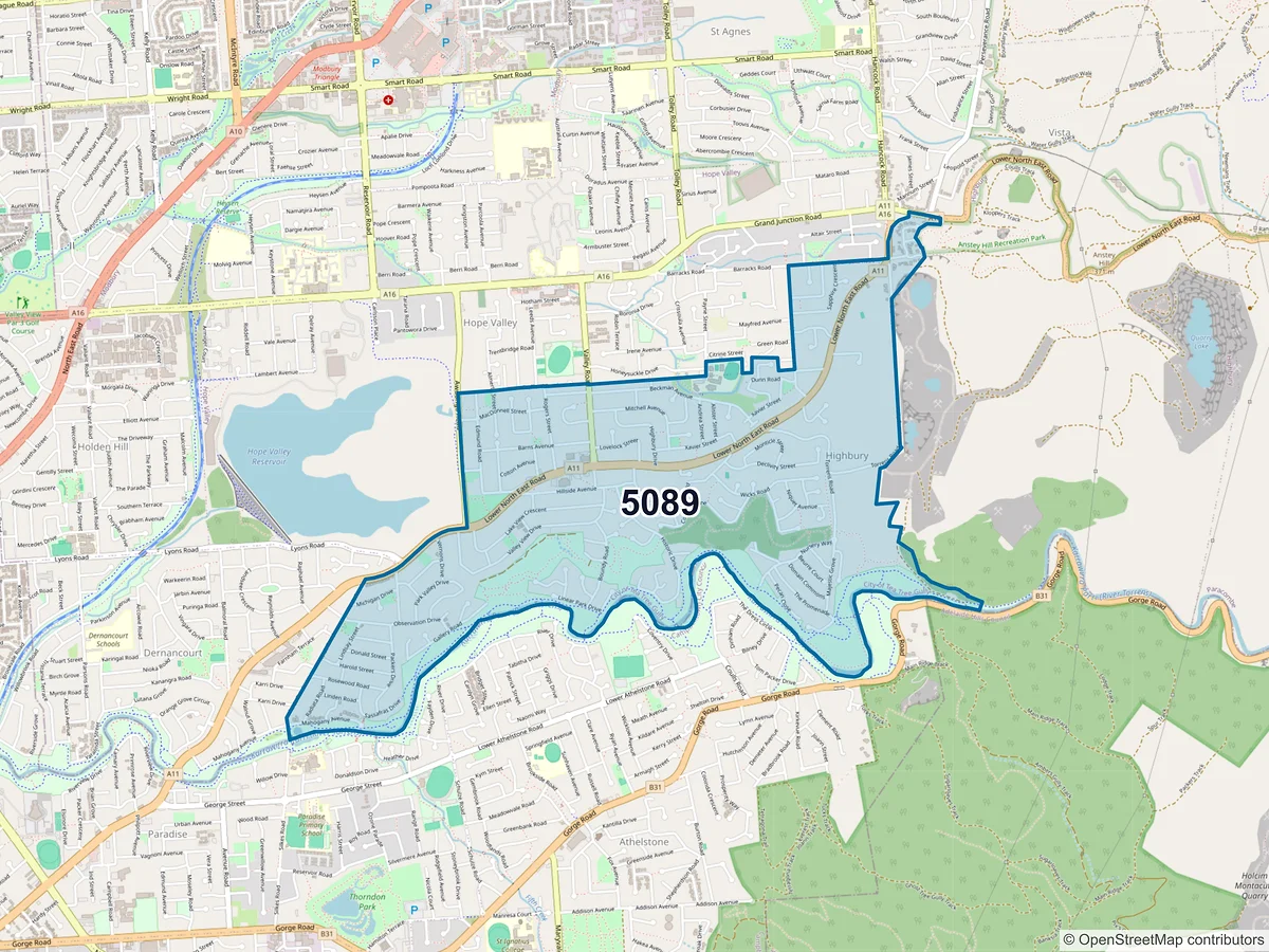 Map of postcode 5089 — Highbury, SA, Australia