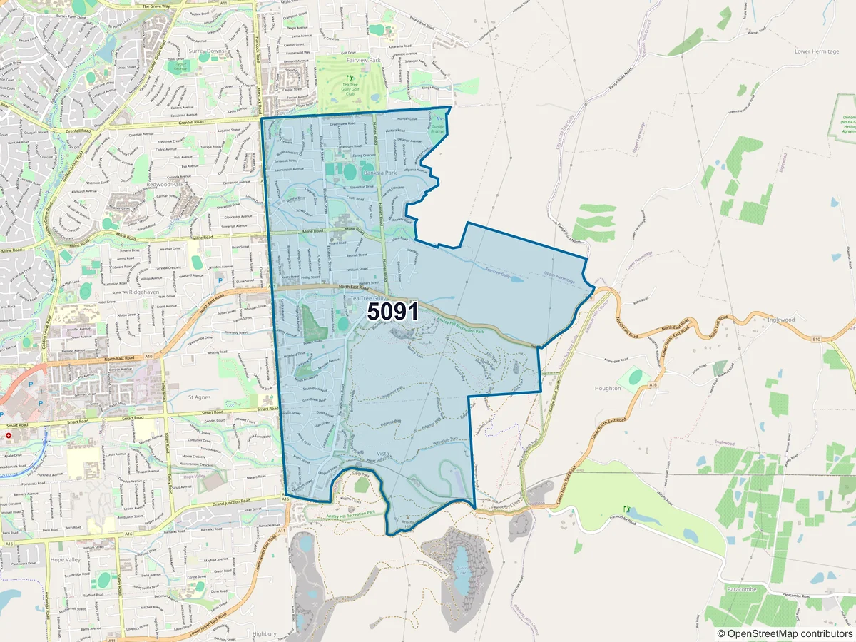 Map of postcode 5091 — Tea Tree Gully, SA, Australia