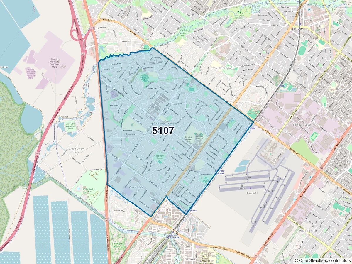Map of postcode 5107 — Parafield Gardens, SA, Australia