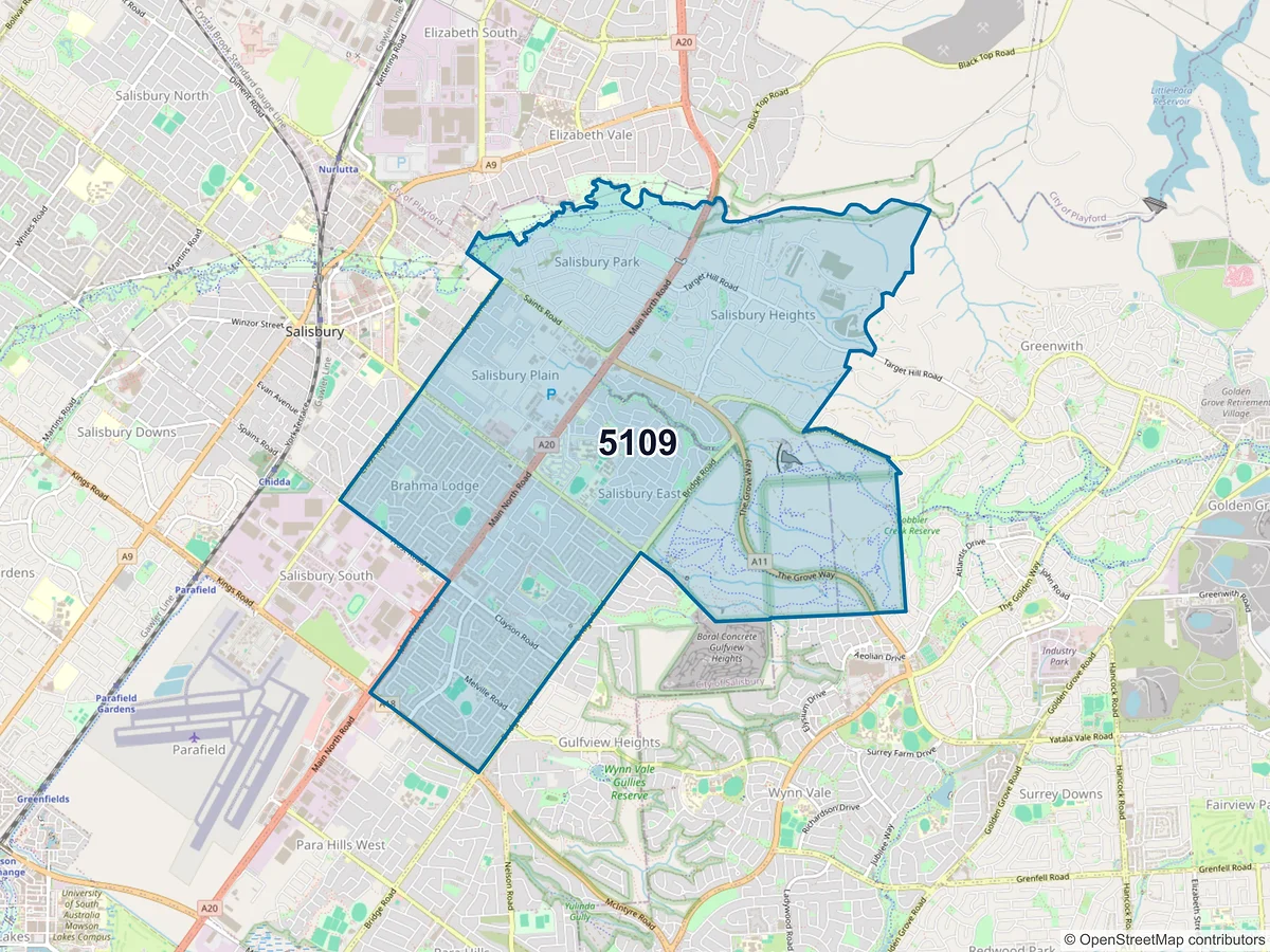 Map of postcode 5109 — Salisbury East, SA, Australia