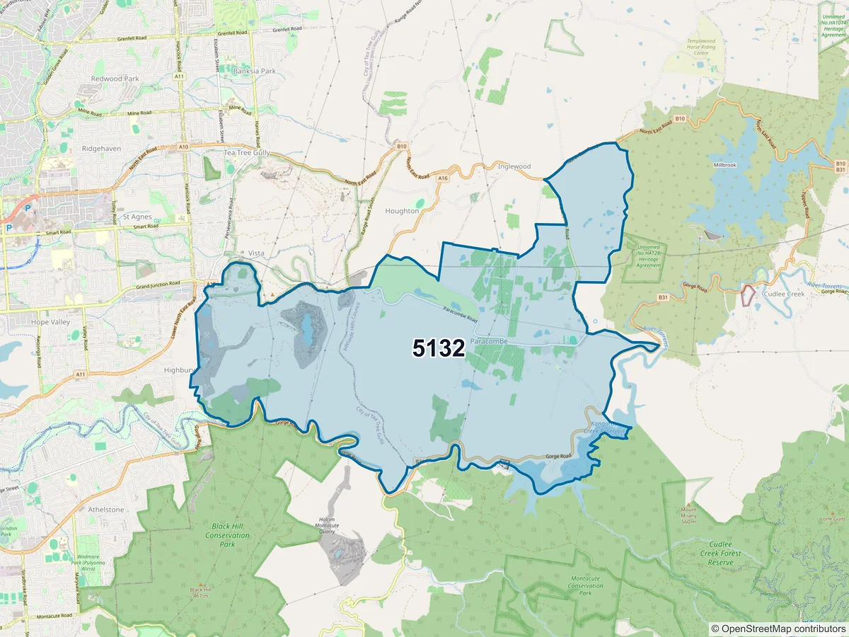 Map of postcode 5132 — Paracombe, SA, Australia