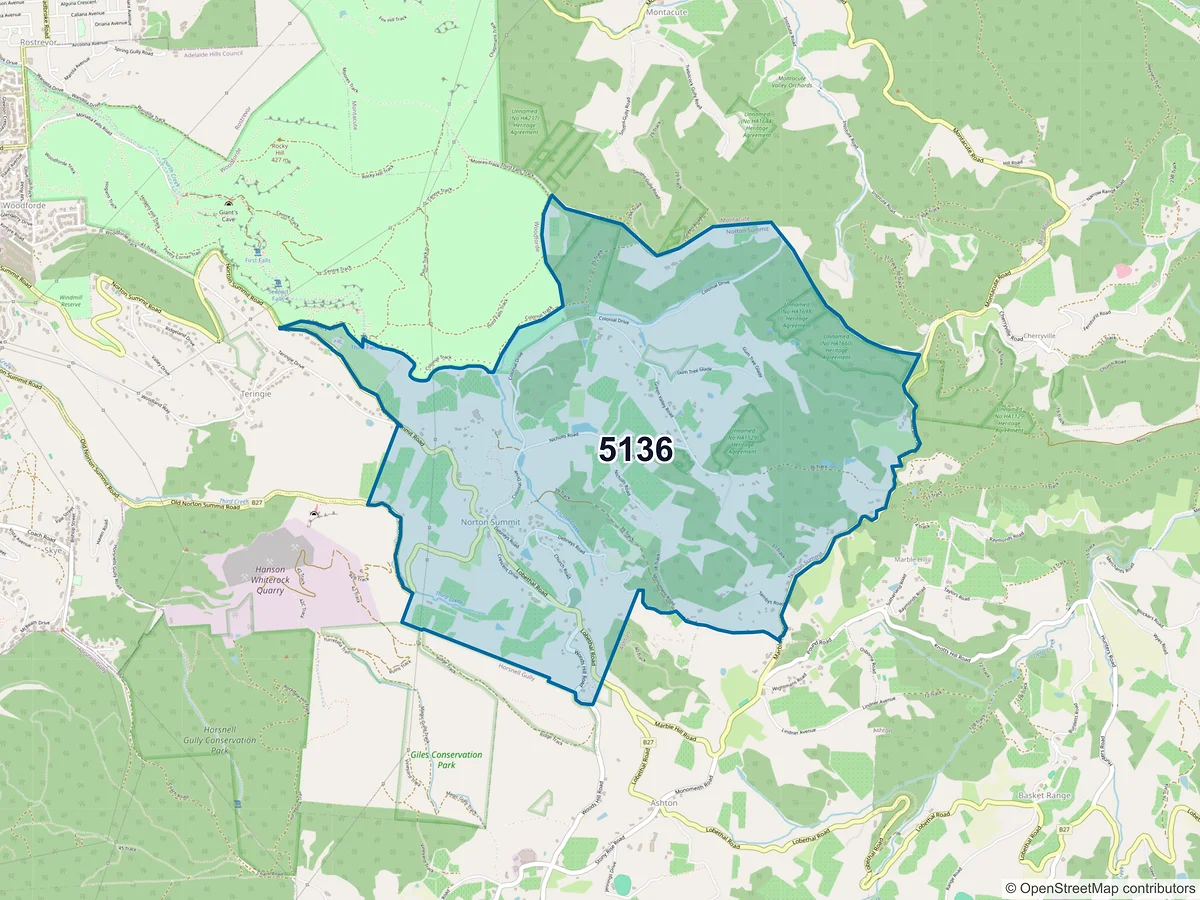 Map of postcode 5136 — Norton Summit, SA, Australia