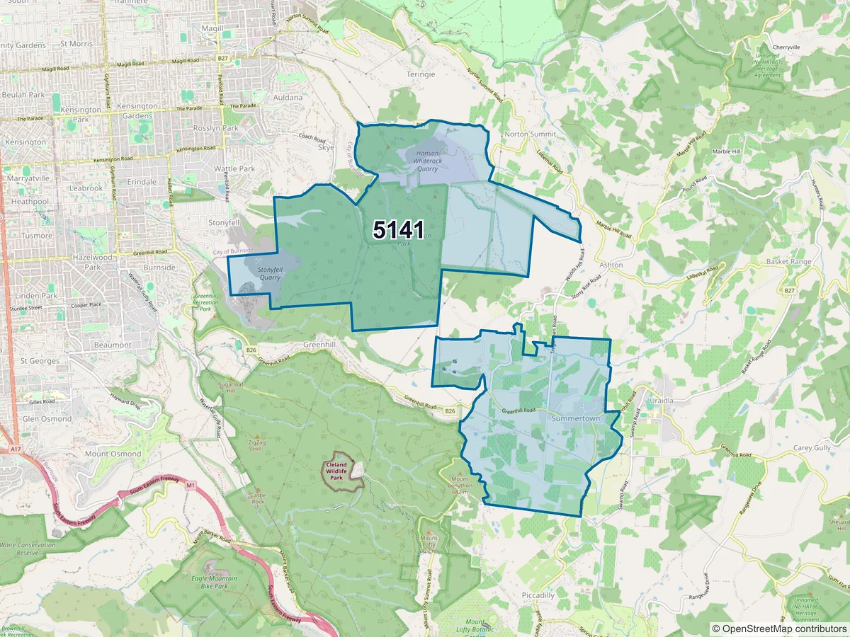 Map of postcode 5141 — Summertown, SA, Australia