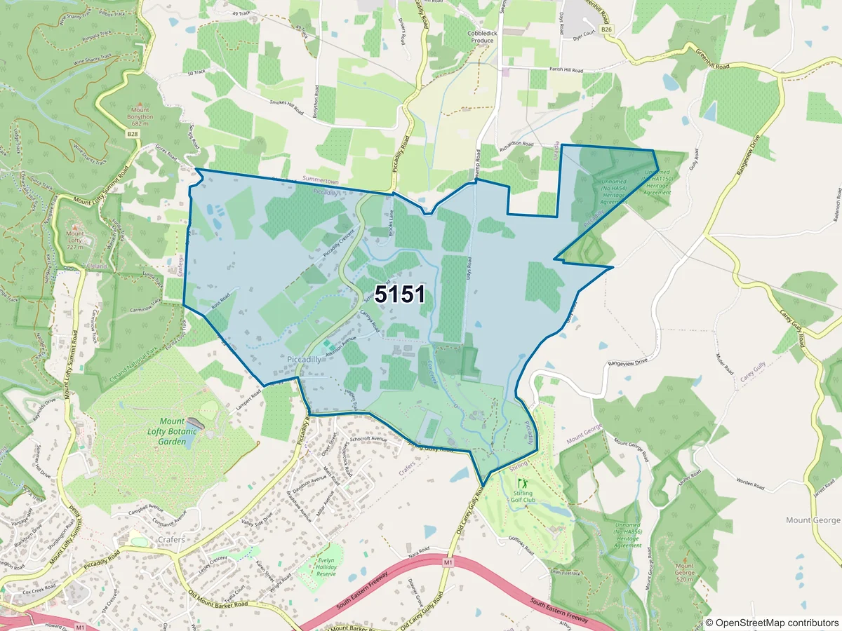 Map of postcode 5151 — Piccadilly, SA, Australia