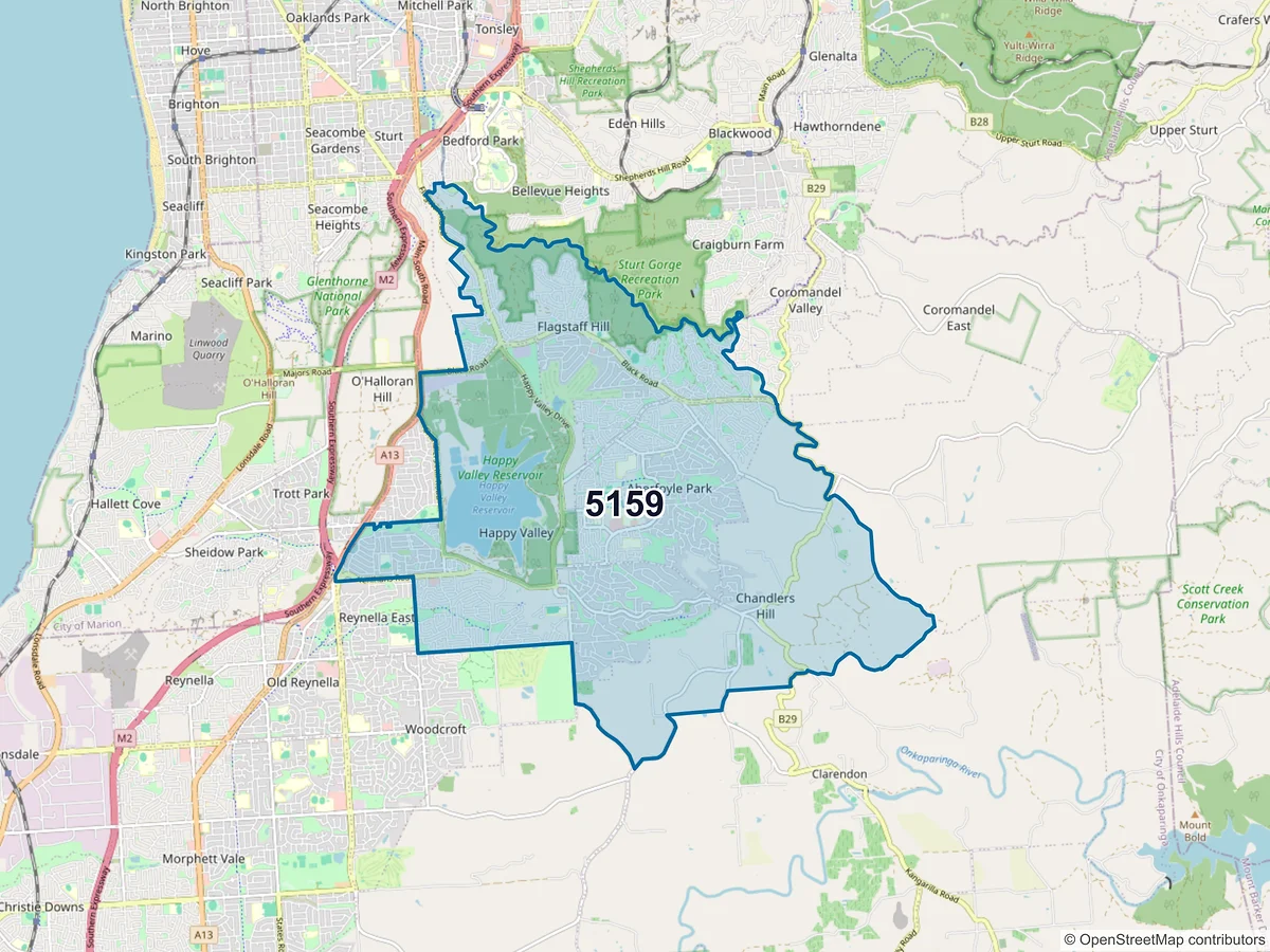 Map of postcode 5159 — Happy Valley, SA, Australia