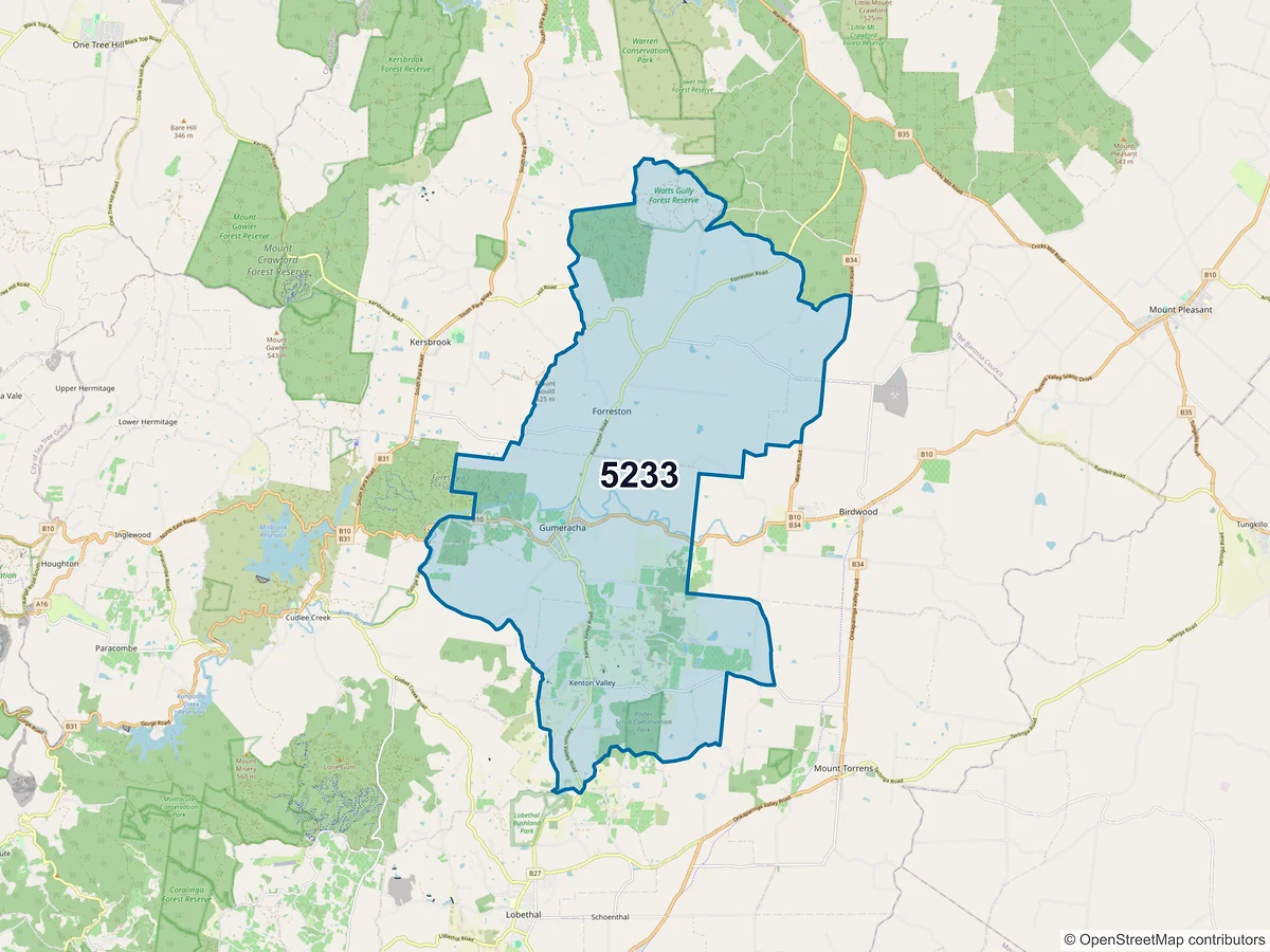 Map of postcode 5233 — Gumeracha, SA, Australia