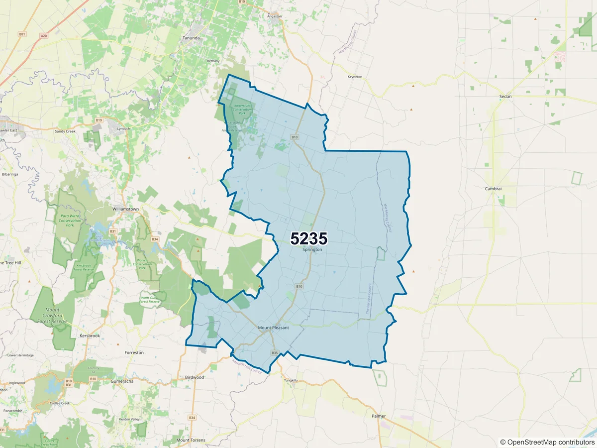 Map of postcode 5235 — Mount Pleasant, SA, Australia