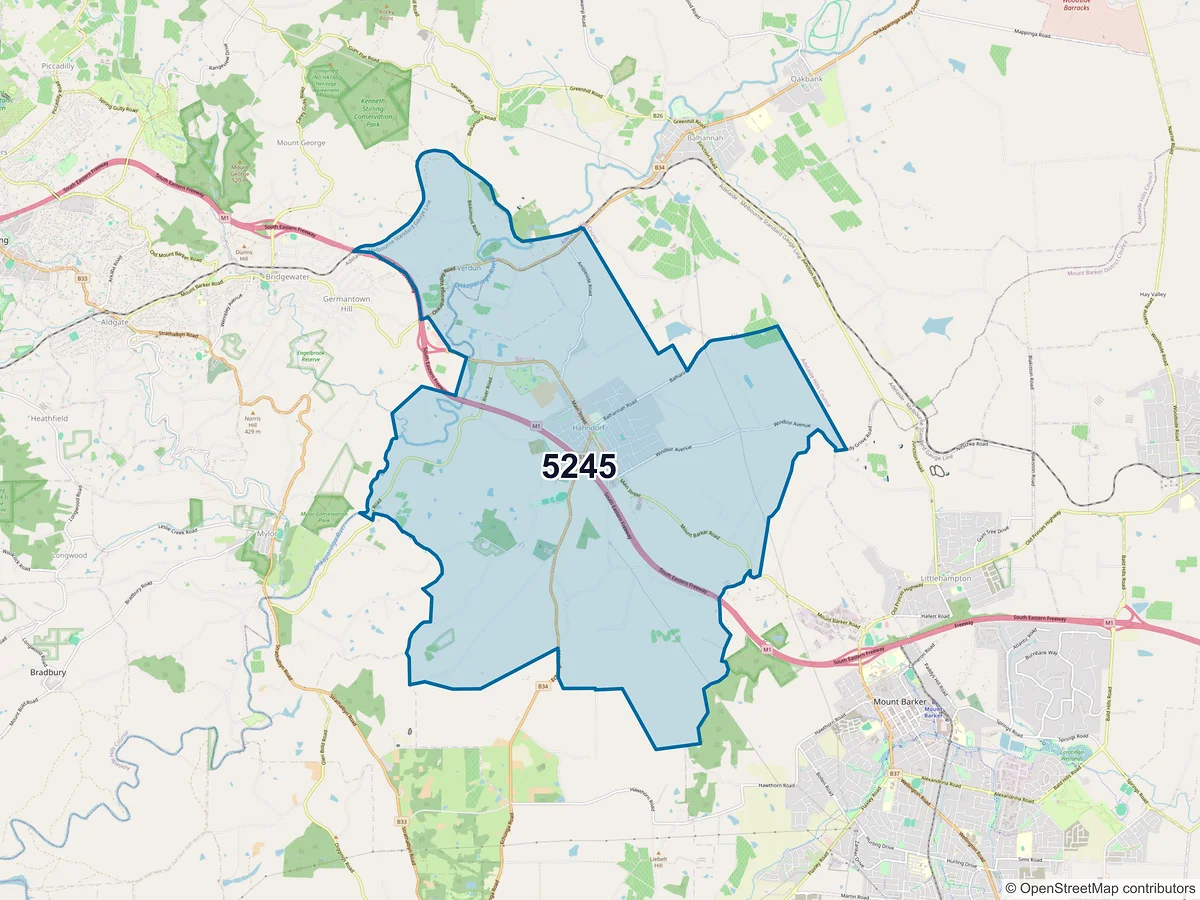 Map of postcode 5245 — Hahndorf, SA, Australia