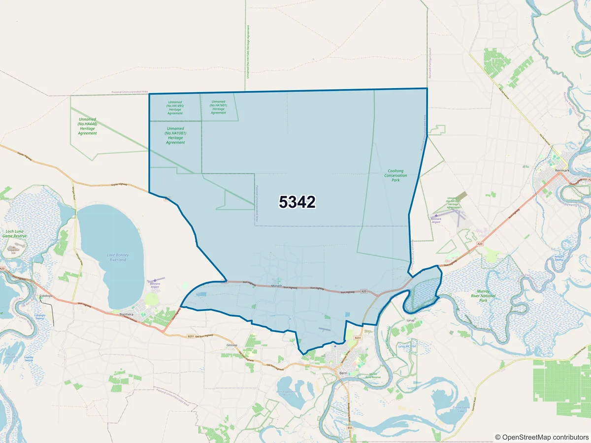 Map of postcode 5342 — Monash, SA, Australia