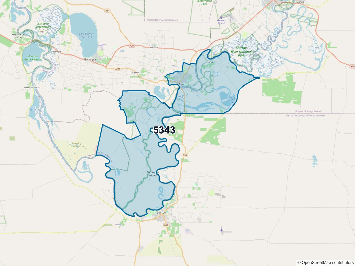 Map of postcode 5343 — Berri, SA, Australia