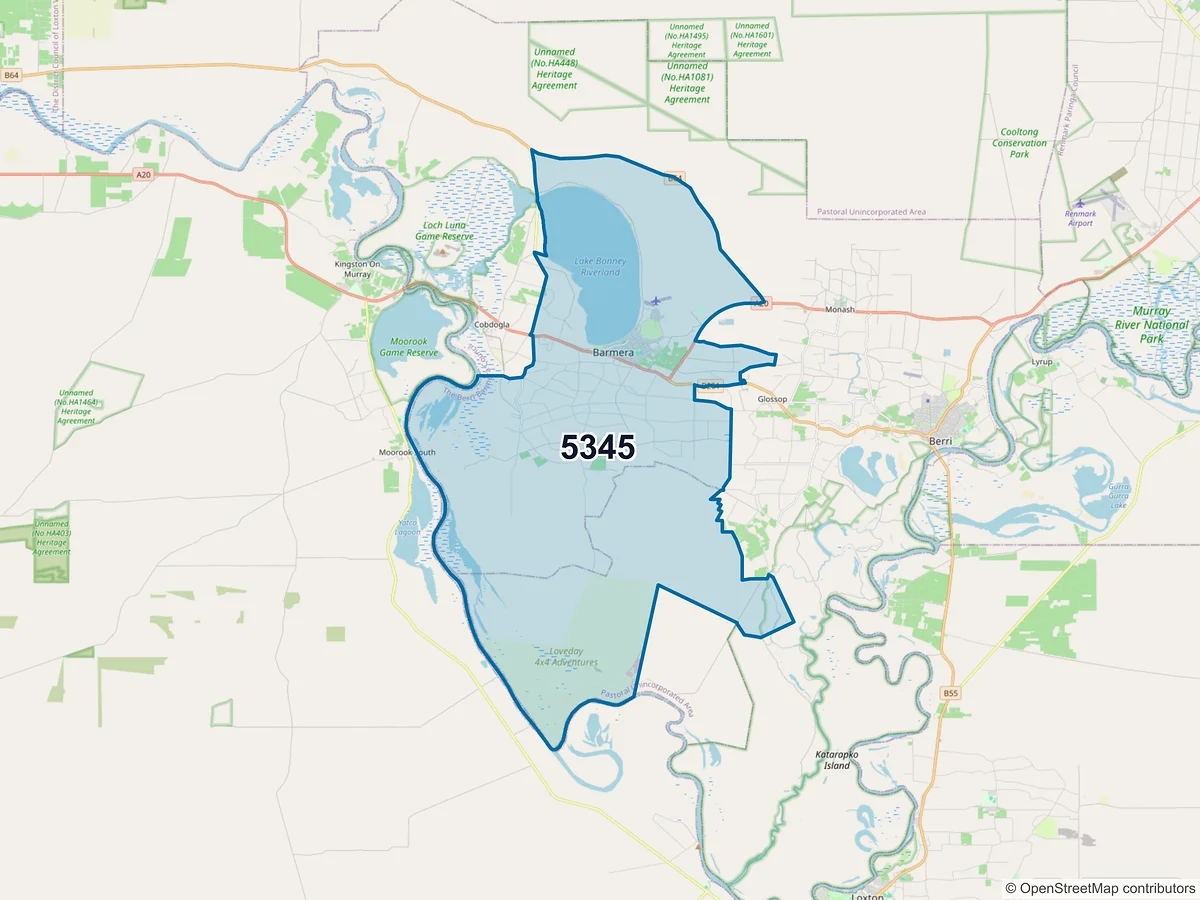 Map of postcode 5345 — Barmera, SA, Australia