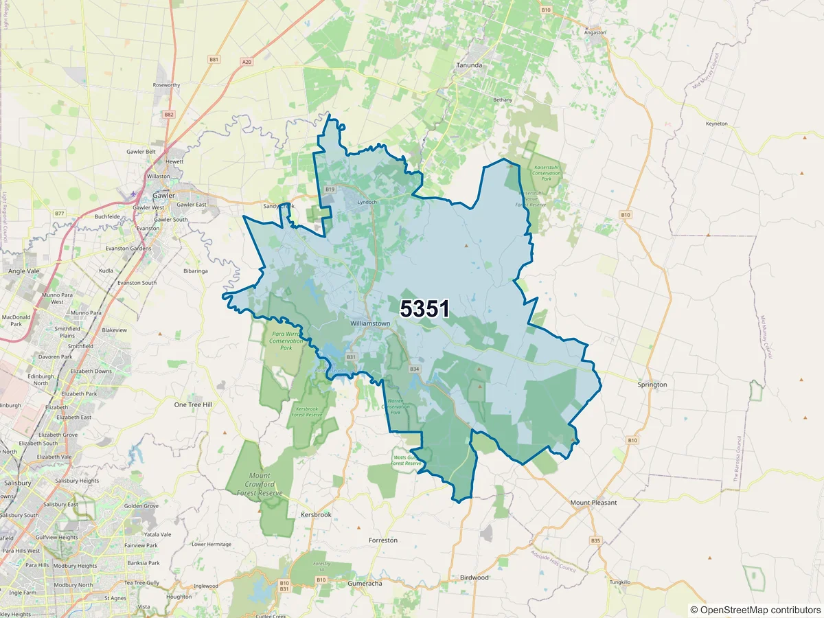 Map of postcode 5351 — Williamstown, SA, Australia