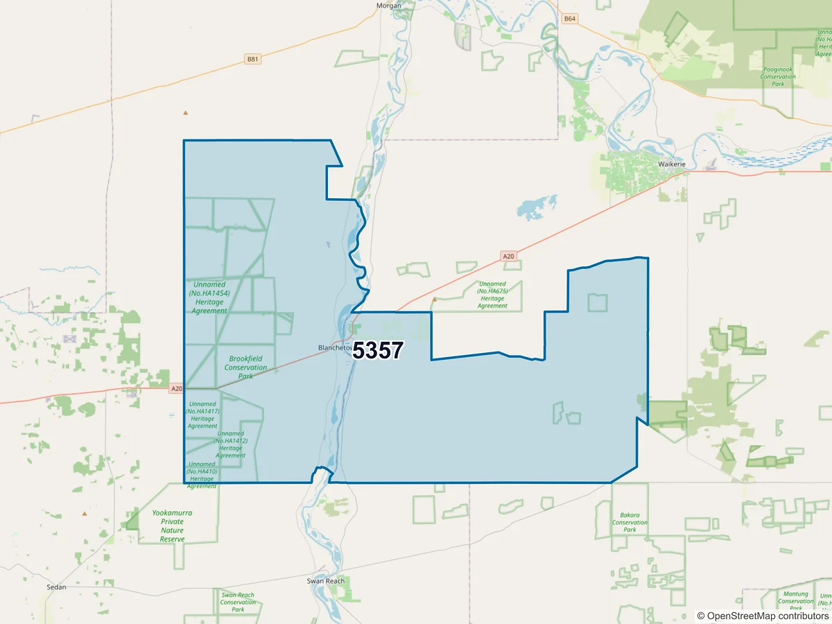 Map of postcode 5357 — Blanchetown, SA, Australia
