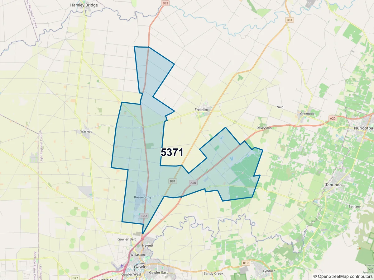 Map of postcode 5371 — Roseworthy, SA, Australia