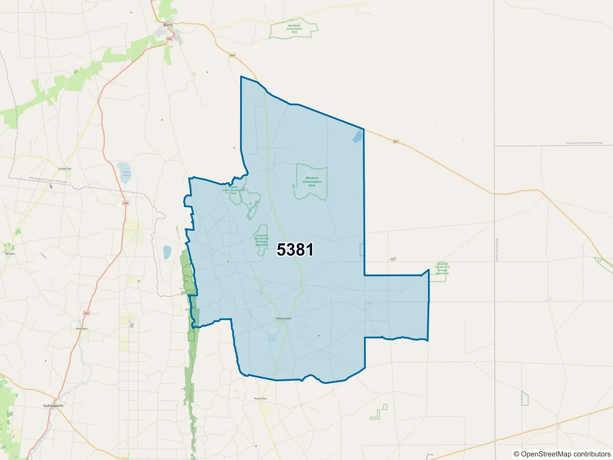 Map of postcode 5381 — Robertstown, SA, Australia