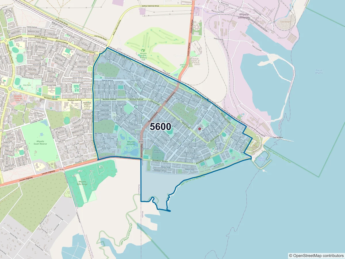 Map of postcode 5600 — Whyalla, SA, Australia