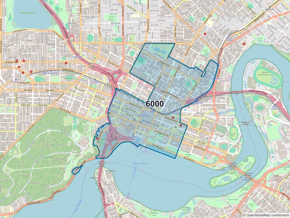 Map of postcode 6000 — Perth, WA, Australia