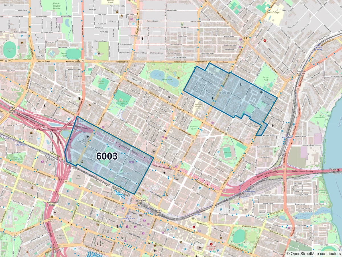 Map of postcode 6003 — Highgate, WA, Australia