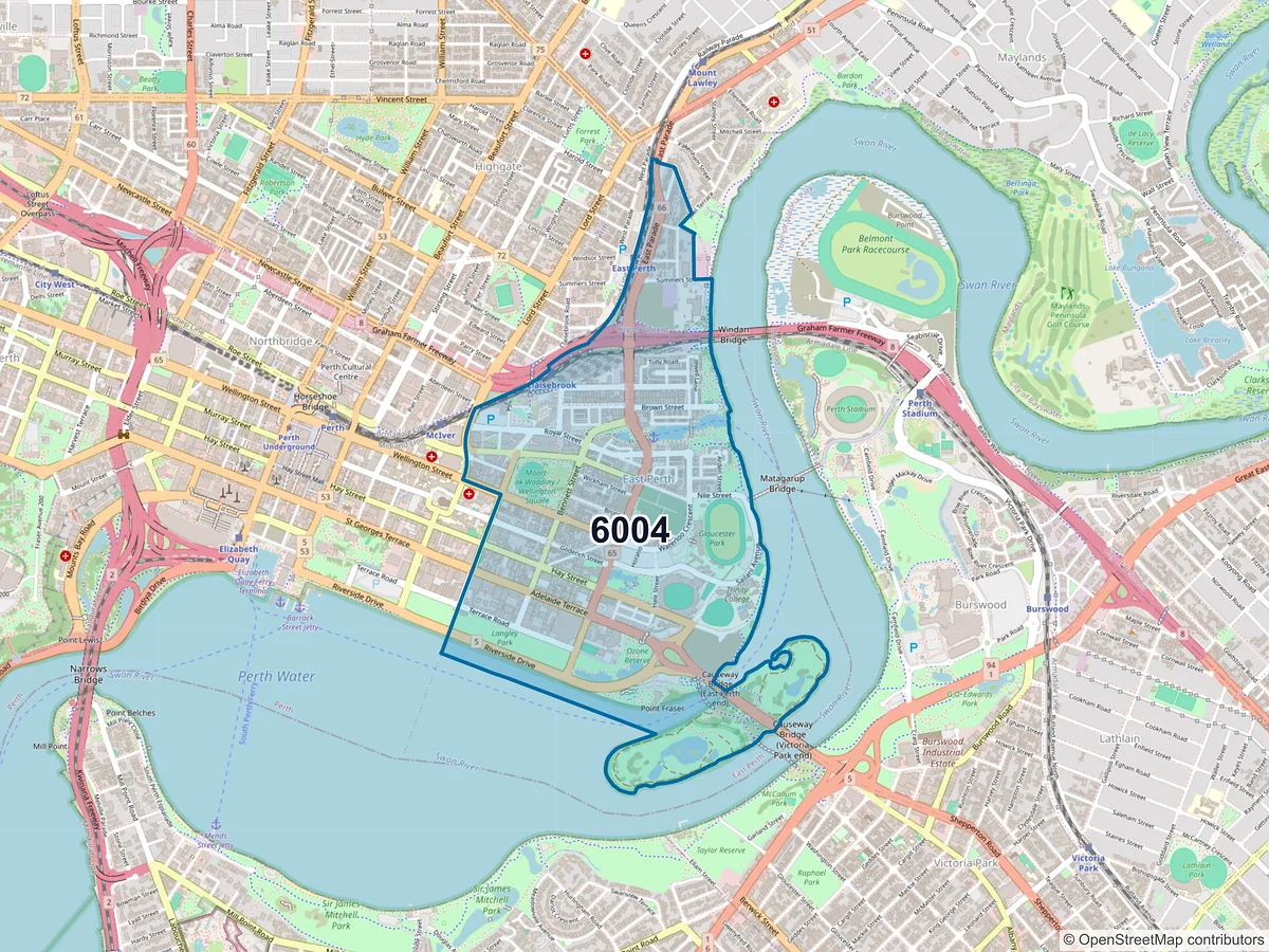 Map of postcode 6004 — East Perth, WA, Australia
