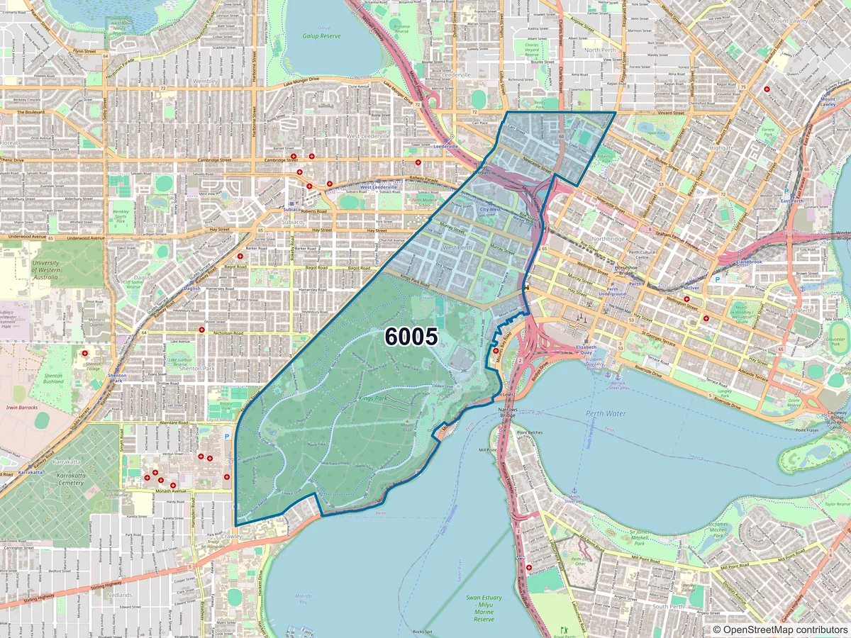 Map of postcode 6005 — West Perth, WA, Australia