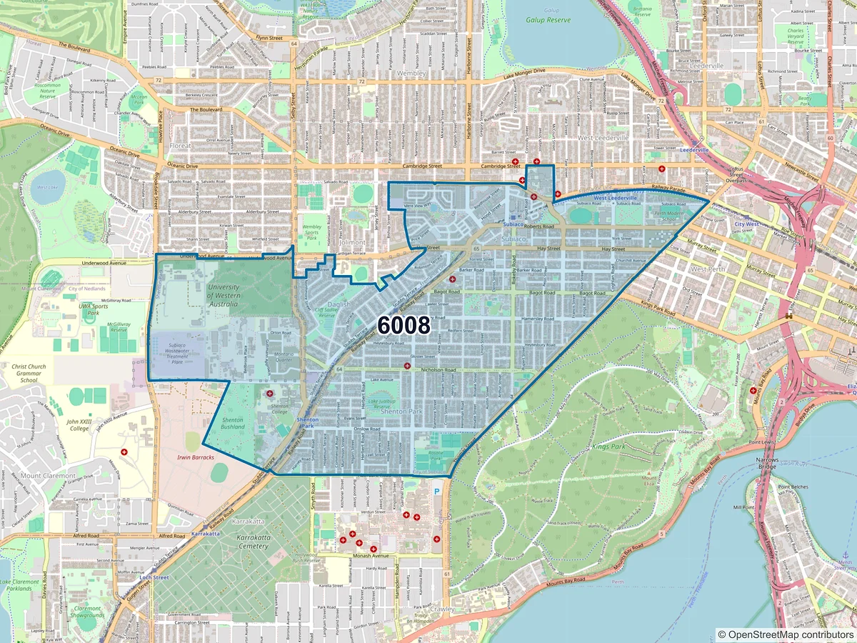 Map of postcode 6008 — Subiaco, WA, Australia