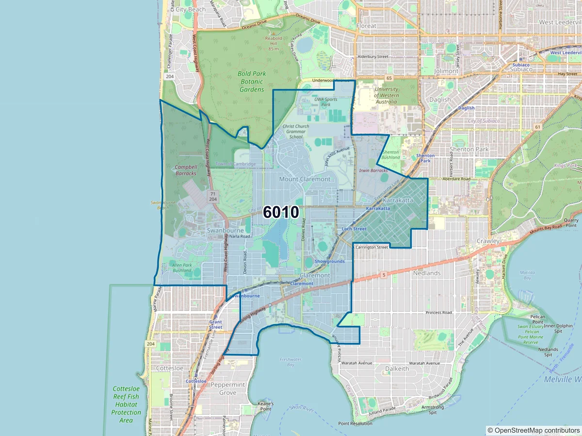 Map of postcode 6010 — Claremont, WA, Australia