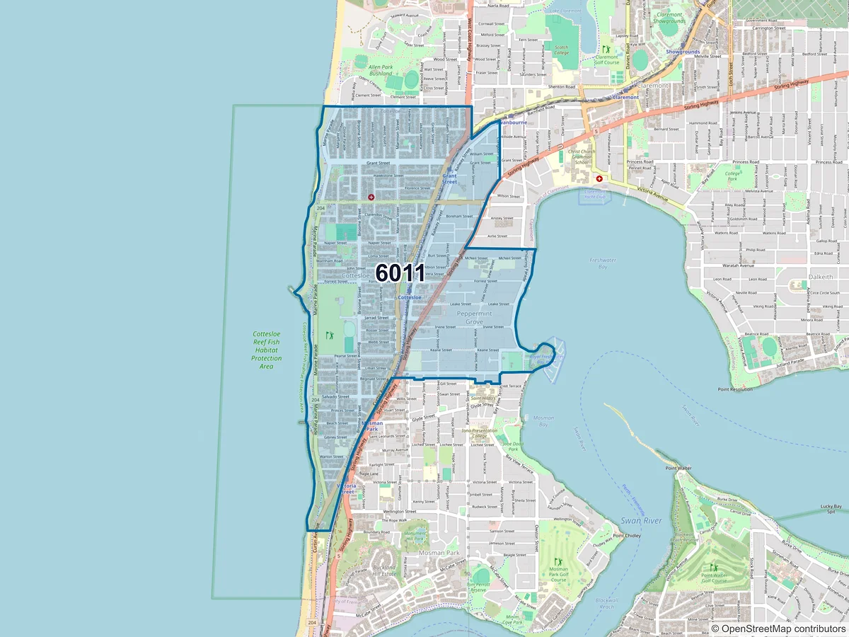 Map of postcode 6011 — Cottesloe, WA, Australia