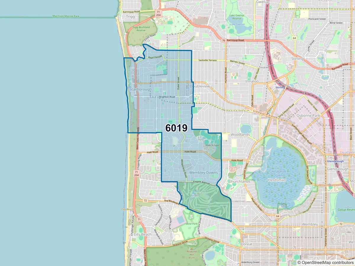 Map of postcode 6019 — Scarborough, WA, Australia