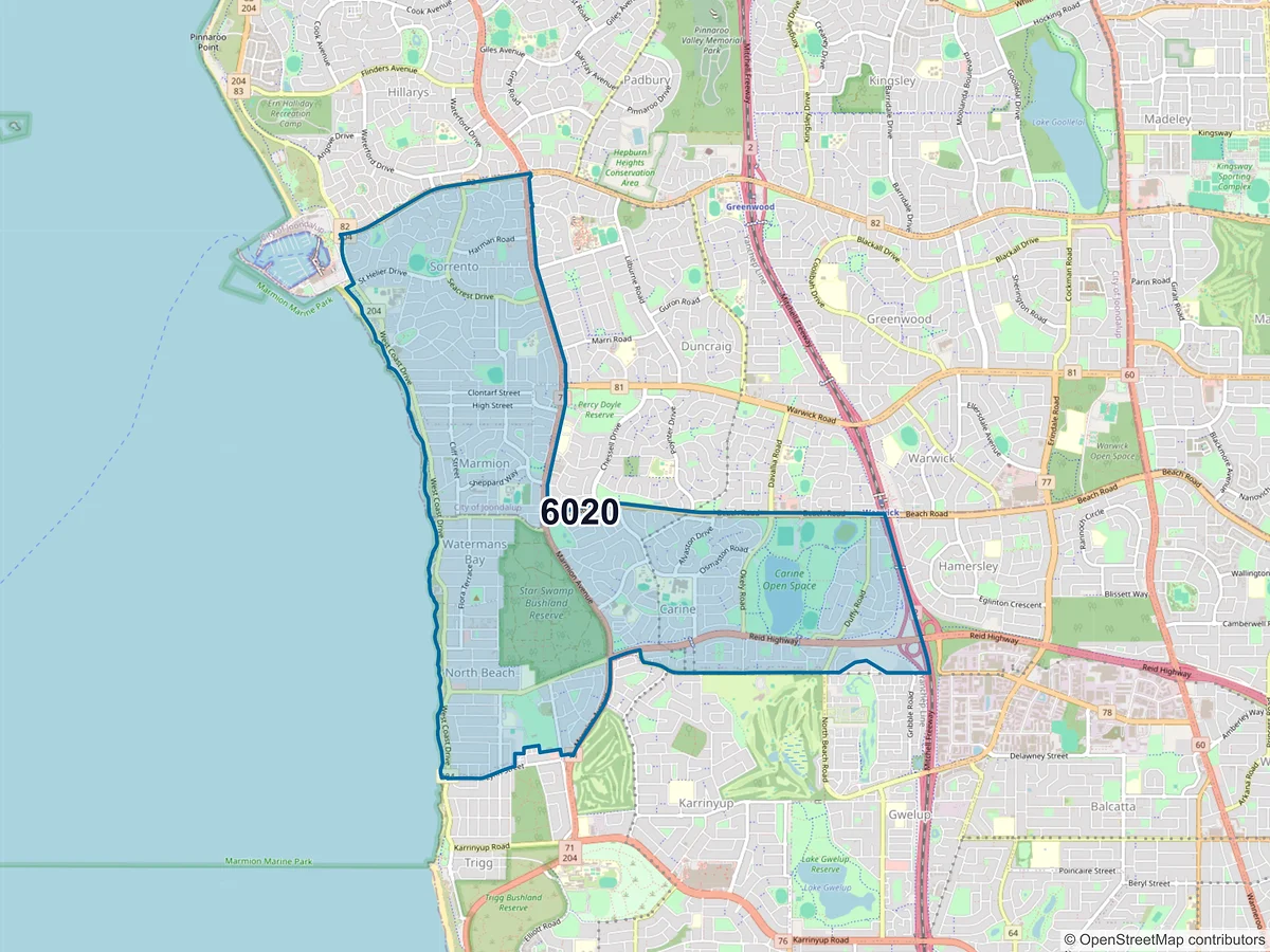 Map of postcode 6020 — Sorrento, WA, Australia