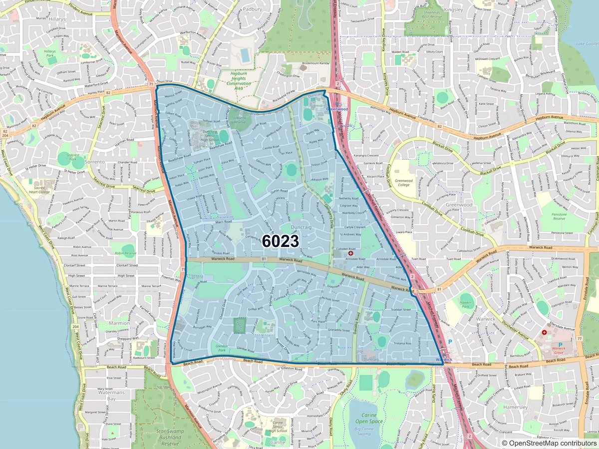 Map of postcode 6023 — Duncraig, WA, Australia