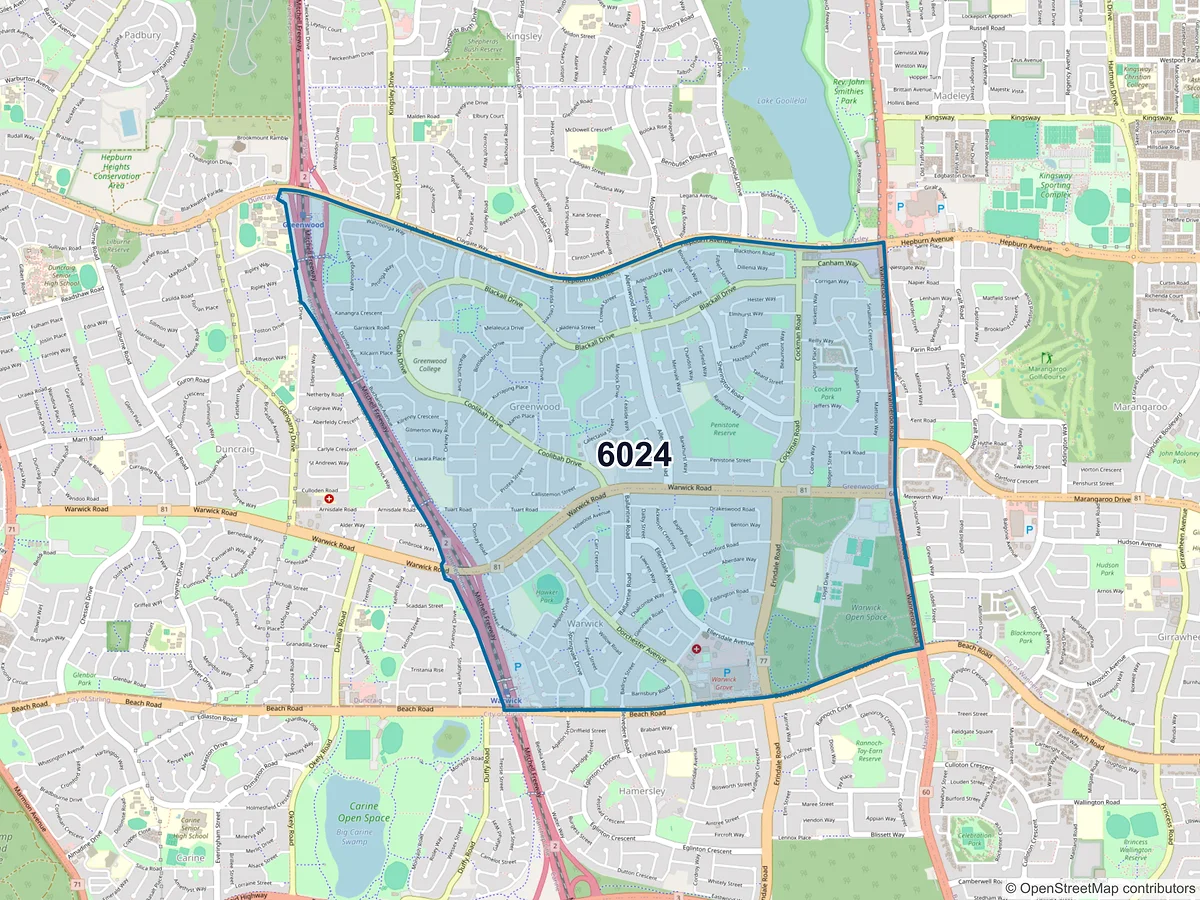 Map of postcode 6024 — Greenwood, WA, Australia