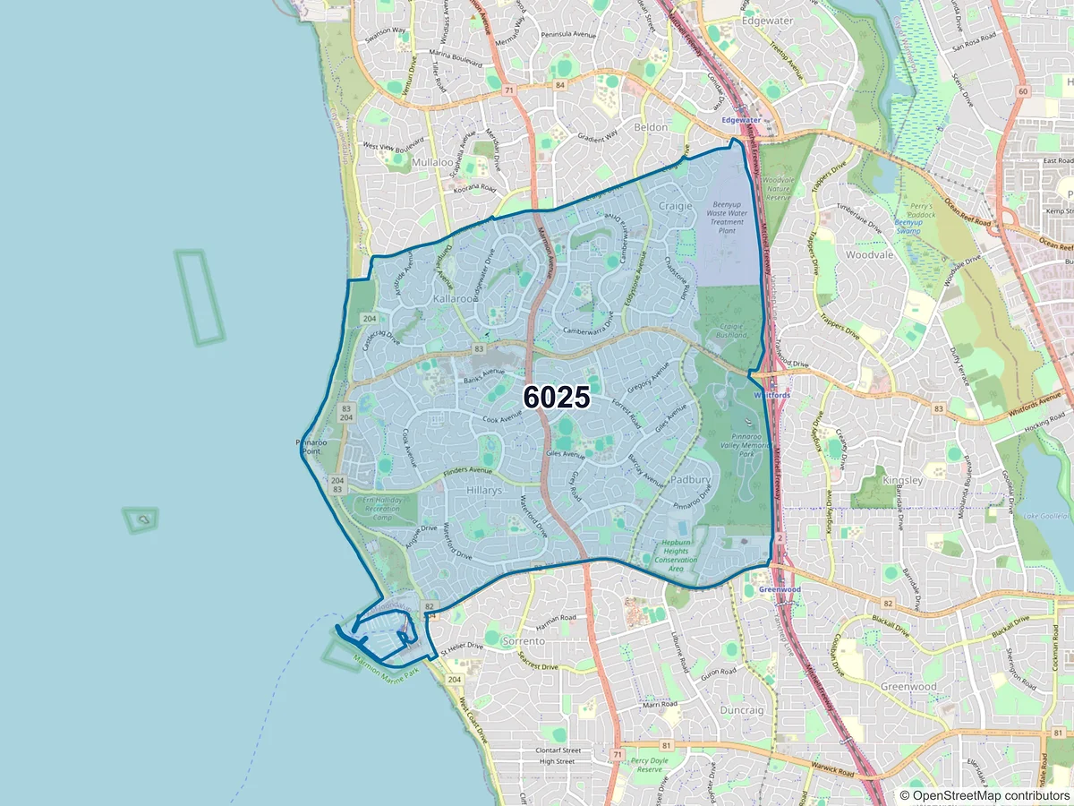 Map of postcode 6025 — Hillarys, WA, Australia