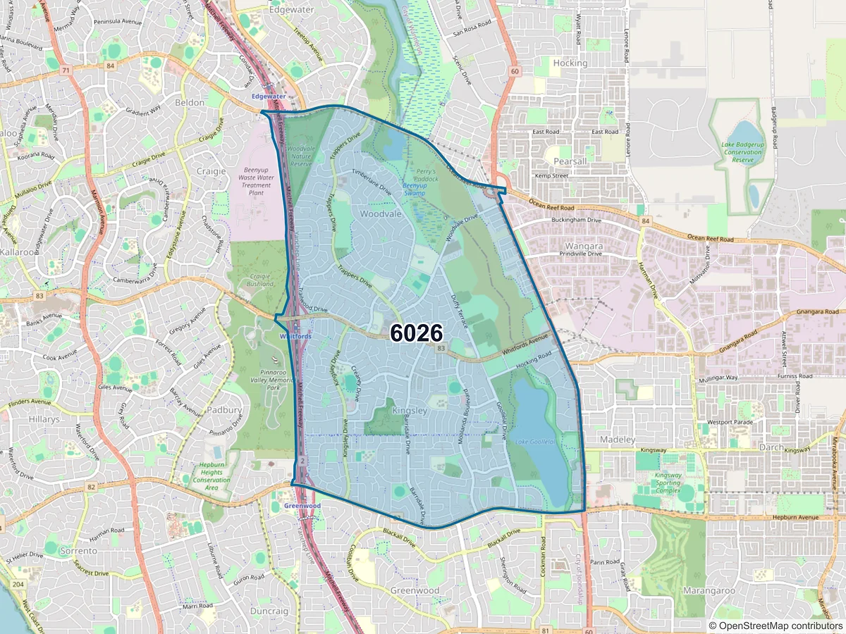 Map of postcode 6026 — Kingsley, WA, Australia