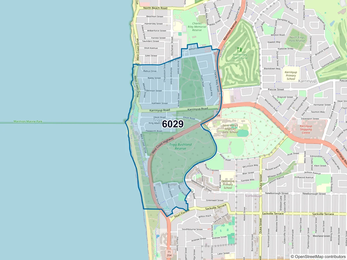 Map of postcode 6029 — Trigg, WA, Australia