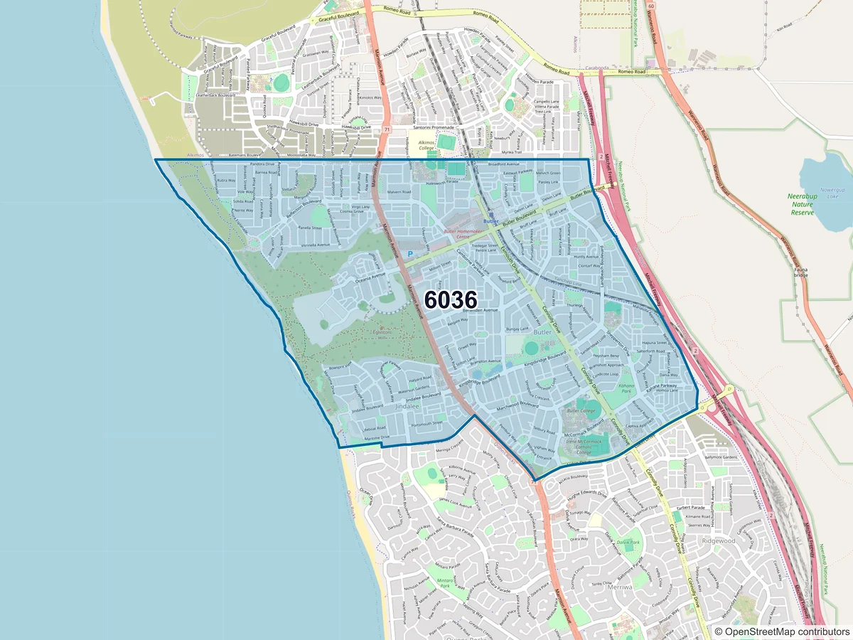 Map of postcode 6036 — Butler, WA, Australia