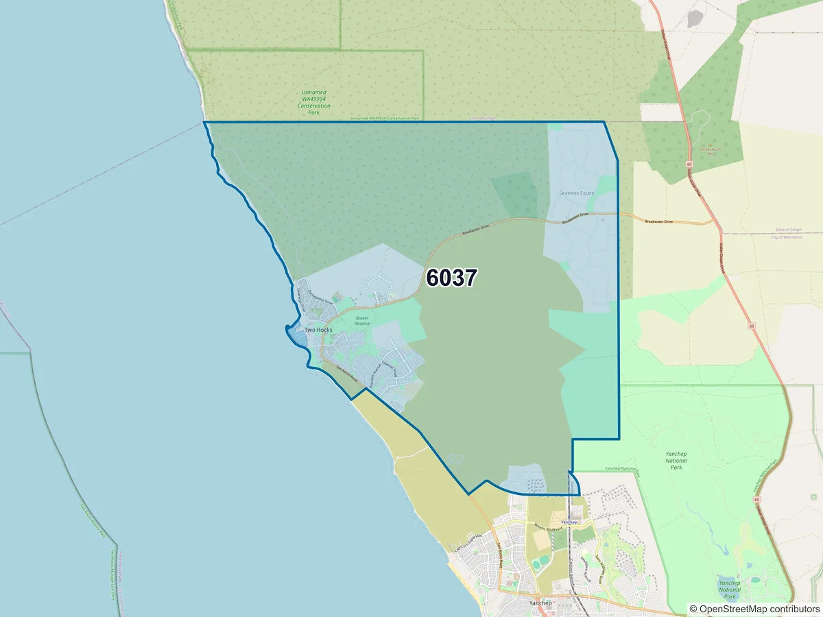 Map of postcode 6037 — Two Rocks, WA, Australia