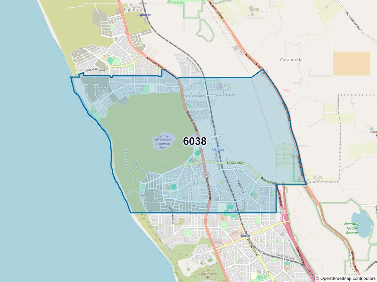 Map of postcode 6038 — Alkimos, WA, Australia