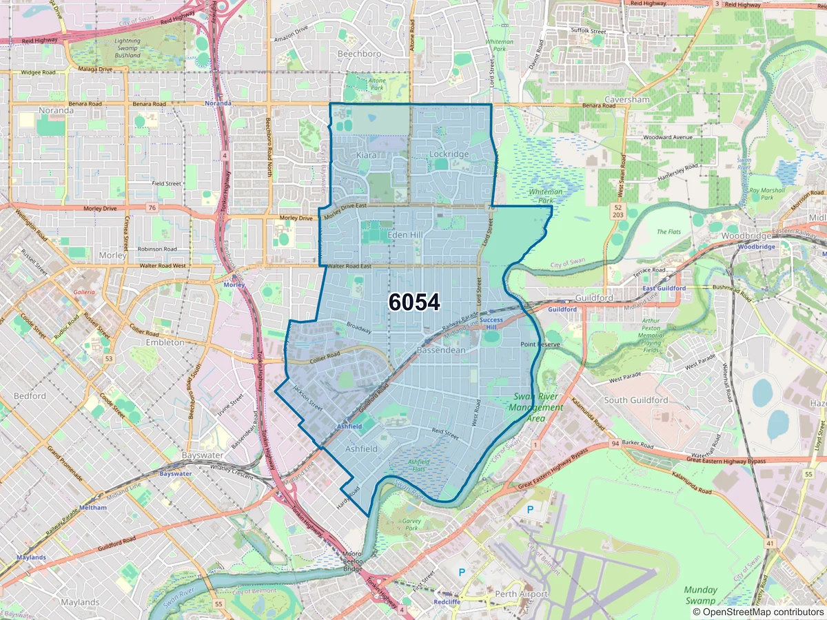 Map of postcode 6054 — Bassendean, WA, Australia