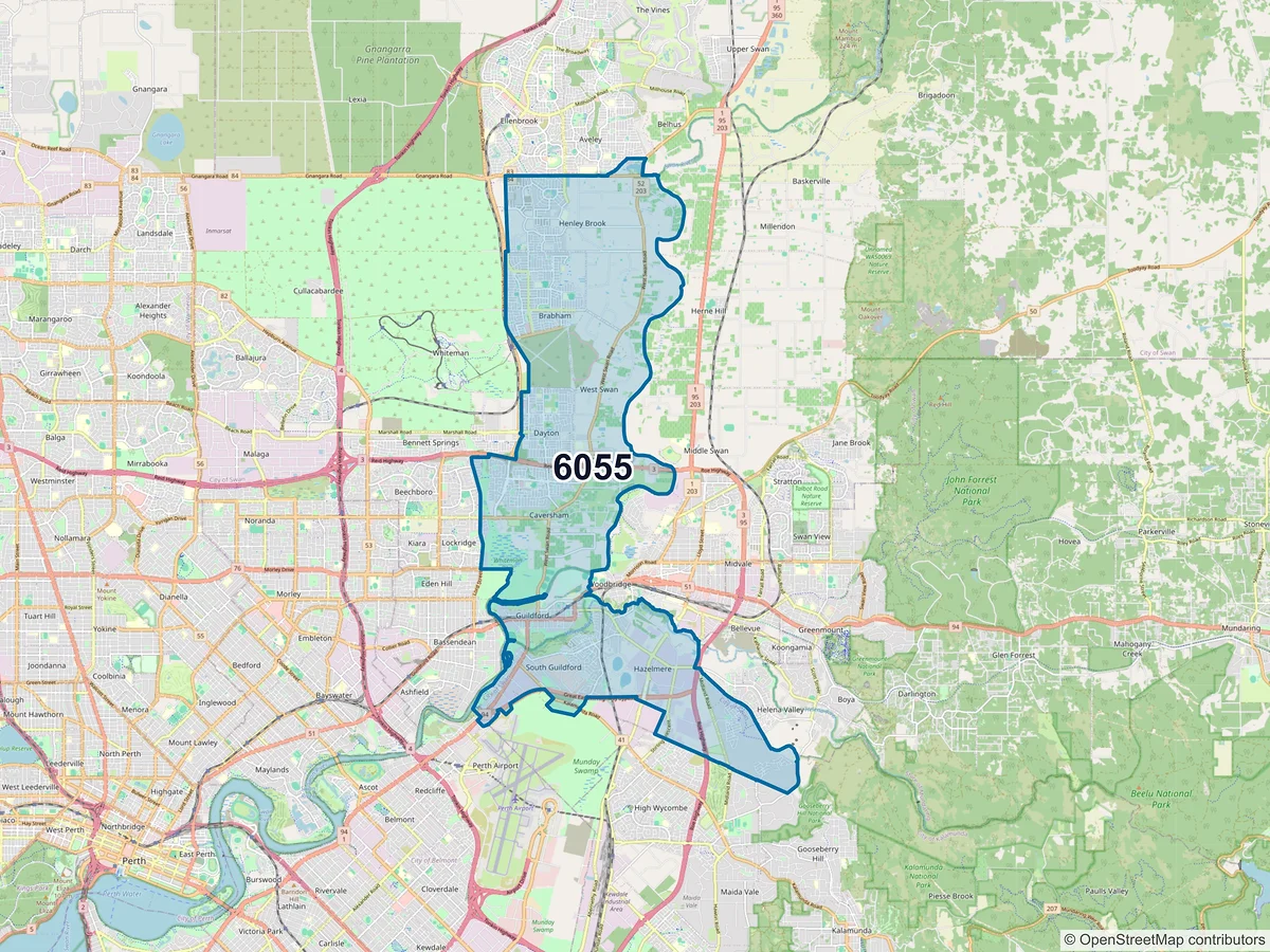 Map of postcode 6055 — Brabham, WA, Australia